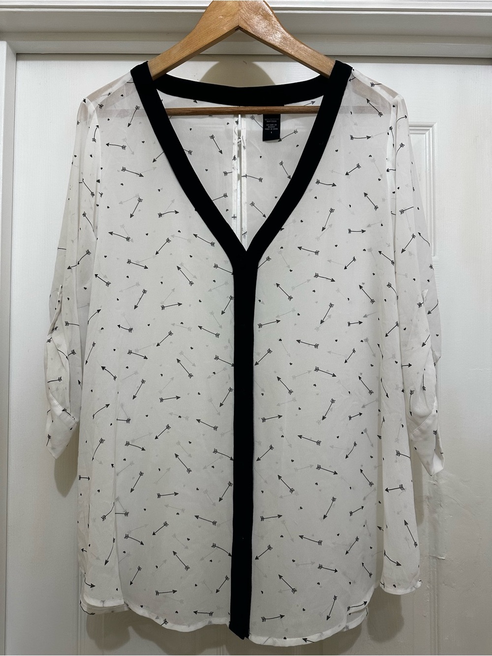torrid White Sheer Arrow-Print Blouse with Black Trim